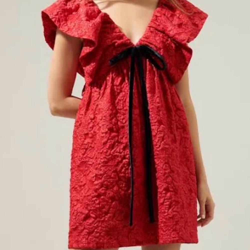 Red Textured Dress with Black Bow